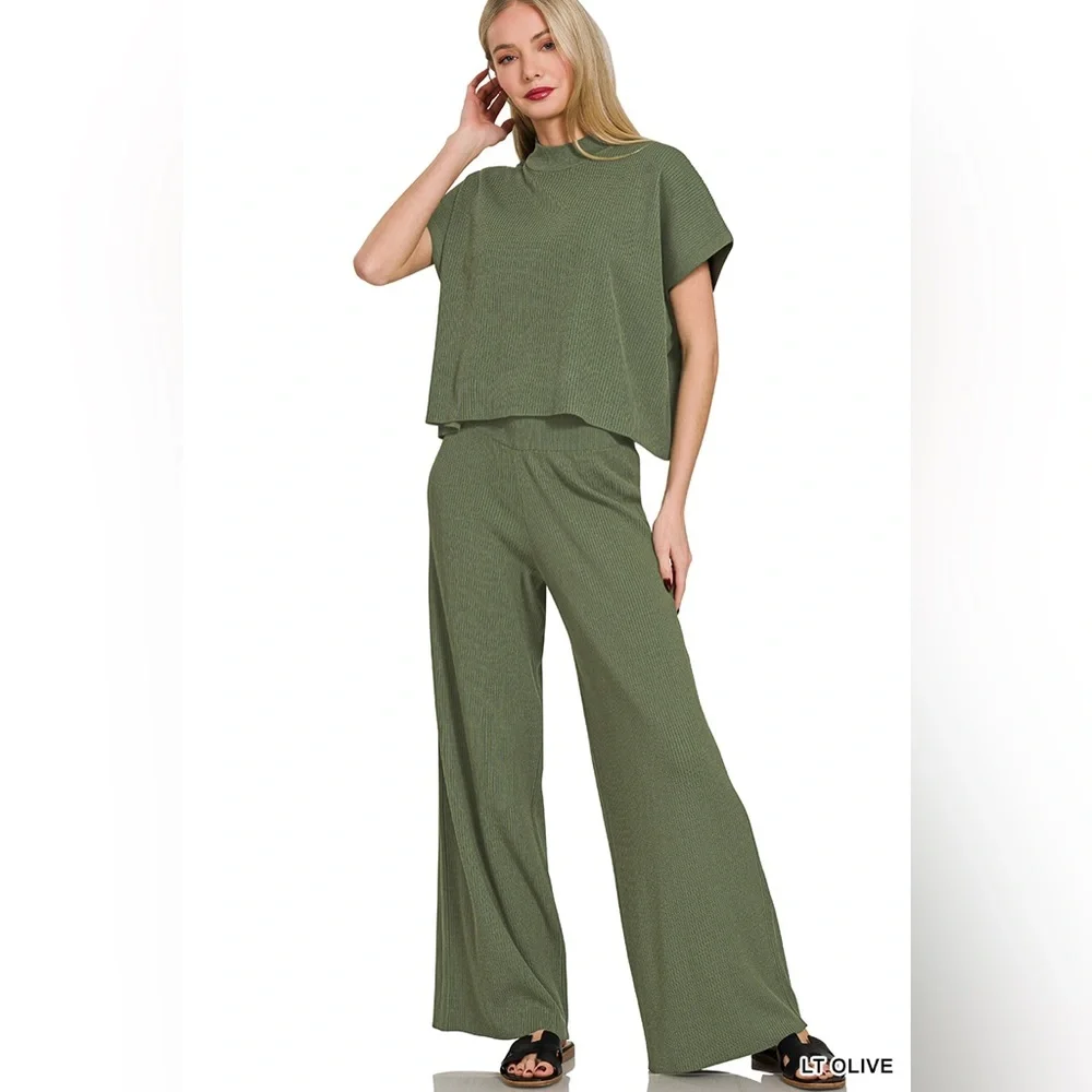 NEW Zenana Ribbed Olive Green Matching Set Top & High-Rise Pants Size Large
